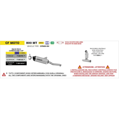 Silenciador de Escape Arrow Race-Tech en Aluminio para CF Moto MT 800 2025-2026